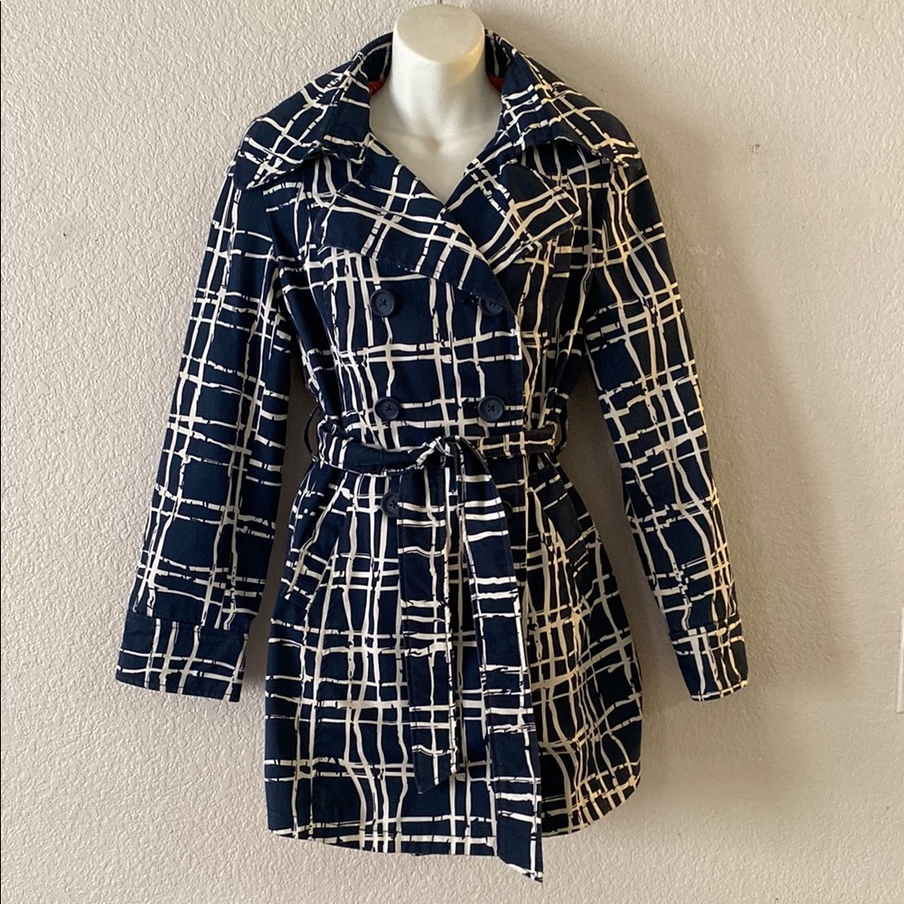 Navy and White Plaid Women's Trench Coat